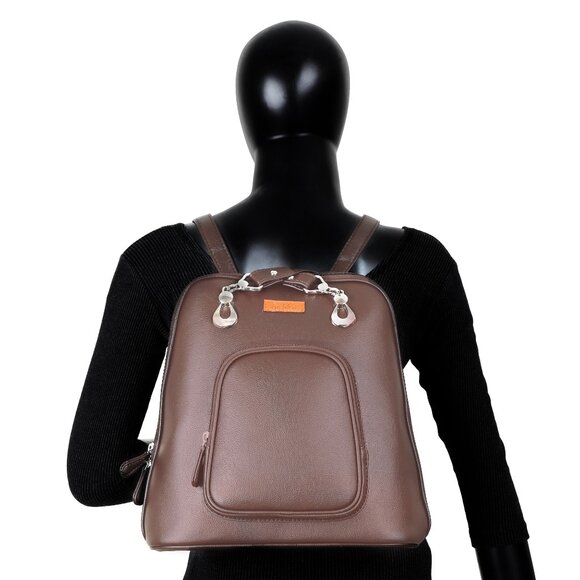 Ladies’ Brown Vegan Leather Backpack – Top Handle Daypack - Picture 10 of 10